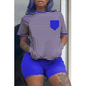 Lovely Casual Striped Blue Two-piece Shorts Set