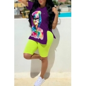 LW Casual O Neck Print Purple Two-piece Shorts Set
