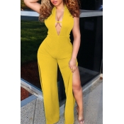lovely Sexy Side High Slit Yellow One-piece Jumpsu