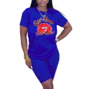 lovely Casual Lip Print Blue Plus Size Two-piece S