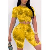 lovely Stylish Tie-dye Yellow Plus Size Two-piece 