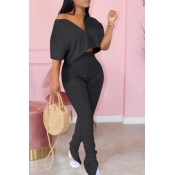 Lovely Casual Zipper Design Black Two-piece Pants 