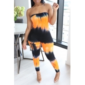 lovely Trendy Dew Shoulder Tie-dye Orange One-piec