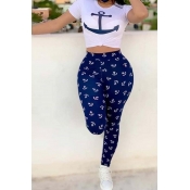 Lovely Casual O Neck Print Dark Blue Two-piece Pan