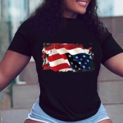 lovely Leisure O Neck Print Black T-shirt