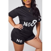 Lovely Leisure O Neck Letter Black Plus Size Two-p