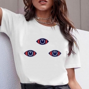 lovely Casual Eye Print White Plus Size T-shirt
