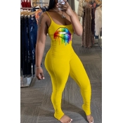 lovely Trendy Lip Print Yellow One-piece Jumpsuit
