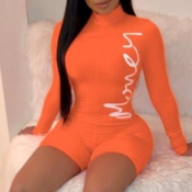Lovely Trendy Letters Printed Orange One-piece Rom