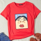 lovely Leisure O Neck Print Red T-shirt