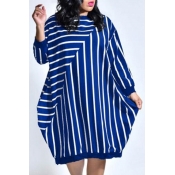 lovely Leisure O Neck Striped Blue Knee Length Dre