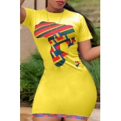 lovely Casual O Neck Print Yellow Mini Plus Size D