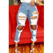 LW Stylish Hollow-out Baby Blue Jeans