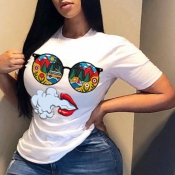 LW COTTON Plus Size Casual O Neck Print White T-sh