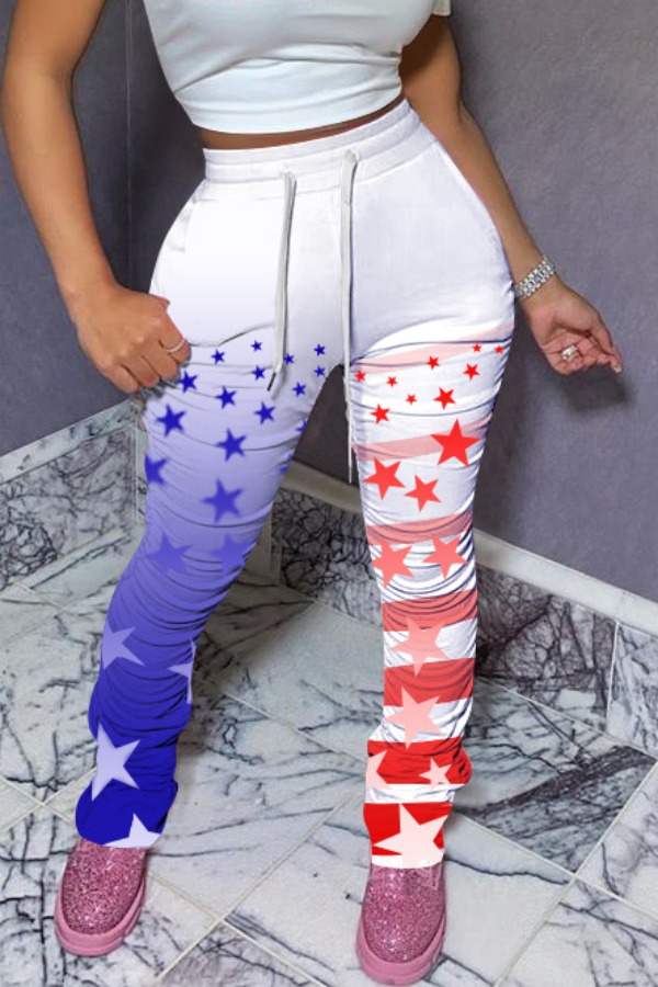 lovely Independence Day Casual Elastic Waist Print White Pants