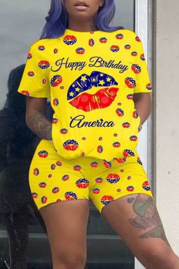 lovely Leisure Lip Print Yellow Plus Size Two-piece Shorts Set