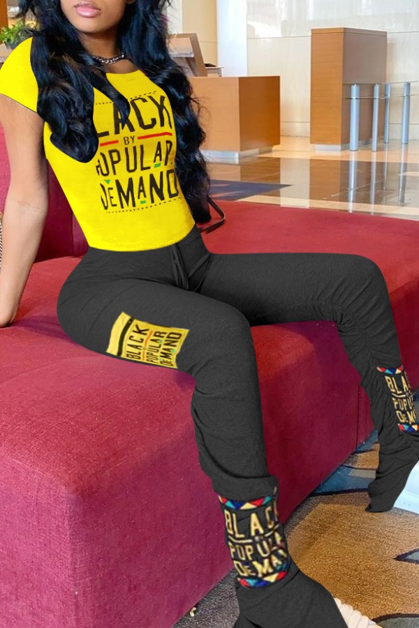 lovely Casual Letter Print Yellow Two-piece Pants Set