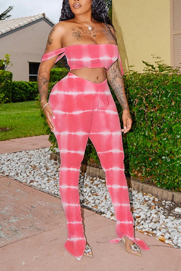 lovely Casual Off The Shoulder Tie-dye Print Rose Red Two-piece Pants Set