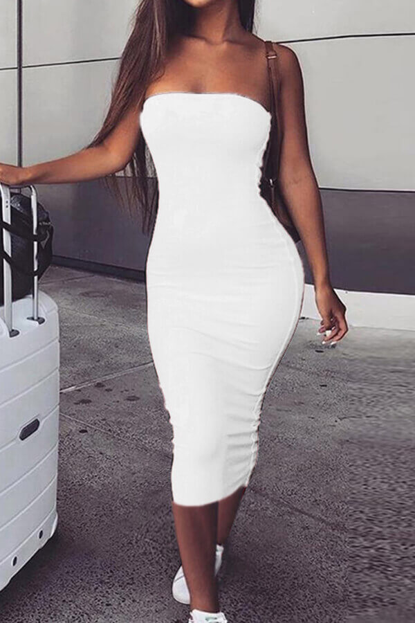 LW Trendy Dew Shoulder White Ankle Length Dress
