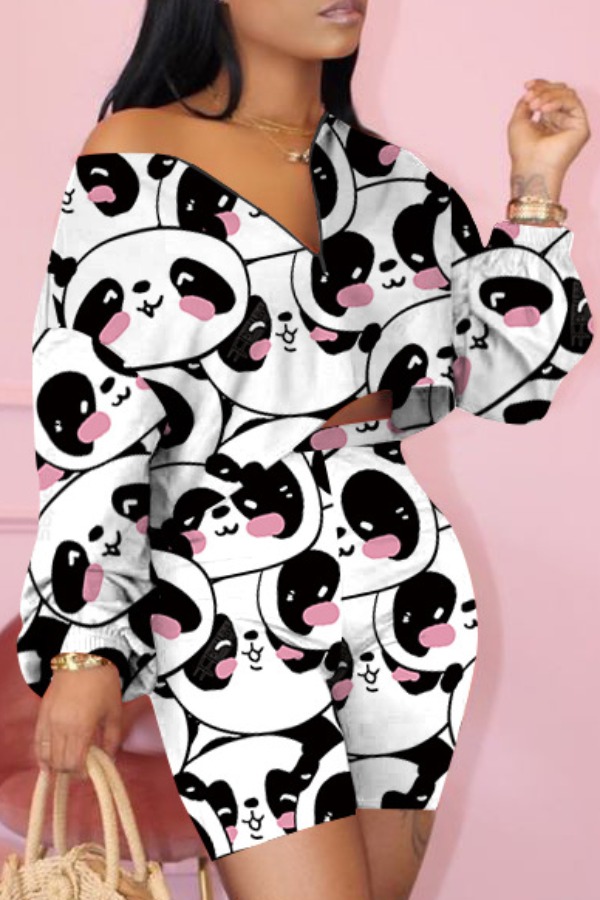 Lovely Casual V Neck Print White Two-piece Shorts Set