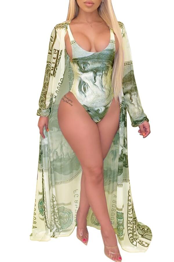 LW Print Yellow One-piece Swimsuit(With Cover-up)