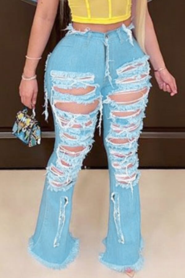 Lovely Stylish Hollow-out Blue Plus Size Jeans