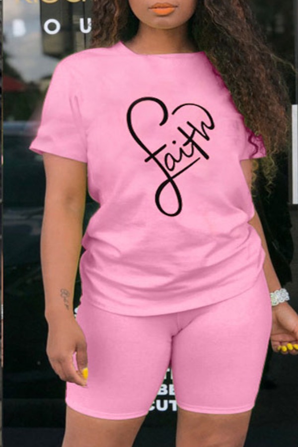 Lovely Leisure Letter Print Pink Two-piece Shorts Set