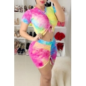 lovely Casual Tie-dye Print Pink Two-piece Skirt S