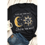 lovely Casual O Neck Moon Print Black T-shirt