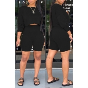 lovely Casual O Neck Black Two-piece Shorts Set