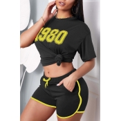 Lovely Sportswear O Neck Letter Print Black Two-pi