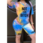 lovely Casual O Neck Tie-dye Blue Plus Size Two-pi