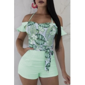 lovely Bohemian Floral Print Backless Green One-pi
