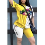 lovely Casual Print Patchwork Yellow Two-piece Sho