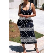 lovely Sexy U Neck Print Hollow-out Black Mid Calf