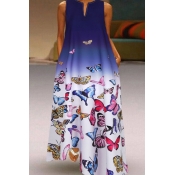 lovely Casual V Neck Butterfly Print Blue Ankle Le