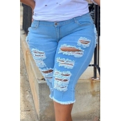 Lovely Casual Broken Holes Babyblue Denim Shorts