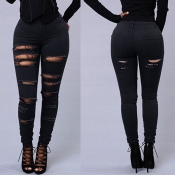 lovely Casual High-waisted Broken Holes Black Jean