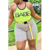 lovely Casual Letter Print Green Plus Size Two-pie