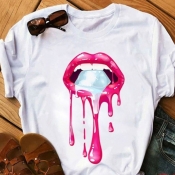 Lovely Casual O Neck Lip Print Light Pink T-shirt