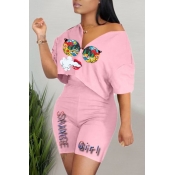 lovely Casual Print Pink Two-piece Shorts Set