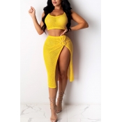 lovely Trendy Side High Slit Yellow Two-piece Skir