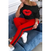 LW Casual Lip Print Red Two Piece Pants Set