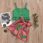 lovely Trendy Plants Print Green Girl Two-piece Sk
