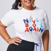 lovely Leisure O Neck Letter Print White Plus Size