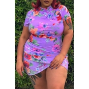 Lovely Sweet Floral Print Purple Mini Plus Size Dr