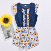 lovely Trendy Floral Print Deep Blue Girl One-piec