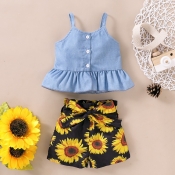 lovely Sweet Print Baby Blue Girl Two-piece Shorts