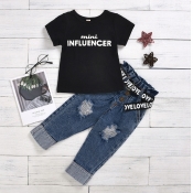 Lovely Girl Stylish Letter Print Black Two-piece P