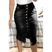 lovely Trendy Buttons Design Black Denim Skirt
